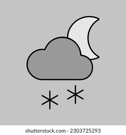 Cloud with snow moon outline grayscale icon. Meteorology sign. Graph symbol for travel, tourism and weather web site and apps design, logo, app, UI