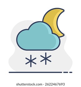 Nube con icono de contorno de luna de nieve. Signo de meteorología. Símbolo de gráfico para viajes, turismo y Clima Sitio web y diseño de App, logotipo, App, UI