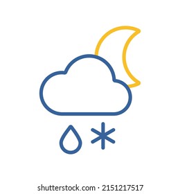 Cloud with snow and rain moon vector icon. Meteorology sign. Graph symbol for travel, tourism and weather web site and apps design, logo, app, UI