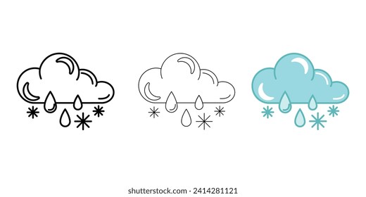 Cloud with snow and rain Weather Icon vector image on white background. Three icons thick, thin, colored outline. Can be used for mobile apps, web apps and print media