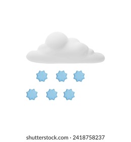 Nube con nieve, icono volumétrico 3d, ilustración vectorial aislada en fondo blanco. Símbolo de precipitación y meteorología, tierna nube de dibujos animados con un efecto plástico realista. Icono de representación