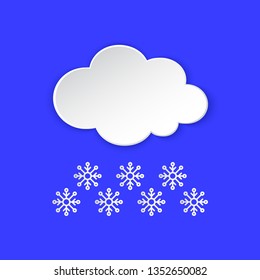 Cloud, Snowflake Weather forecast info icon. Snowy day paper cut style on blue. Climate weather element. Trendy button for Metcast report mark, sign kit, meteo mobile app, web. Vector illustration