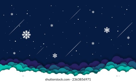 cloud and snowflake.Abstract background paper in blue and white. A4 abstract color 3d paper art illustration set. Blue Night sky clouds paper craft style. snow-filled. Illusion of depth.Winter. Eps10