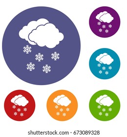 Cloud and snowflakes icons set in flat circle reb, blue and green color for web