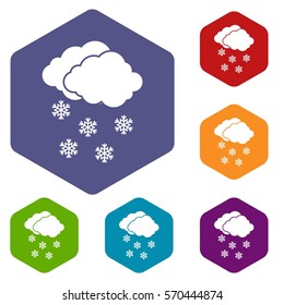 Cloud and snowflakes icons set rhombus in different colors isolated on white background