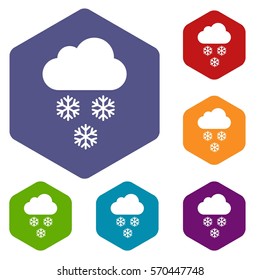 Cloud and snowflakes icons set rhombus in different colors isolated on white background
