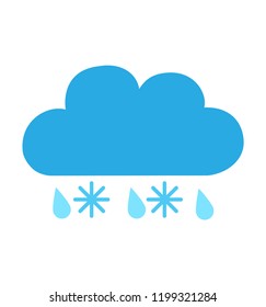 Cloud with snowflakes and rain flat color vector illustration isolated on white background