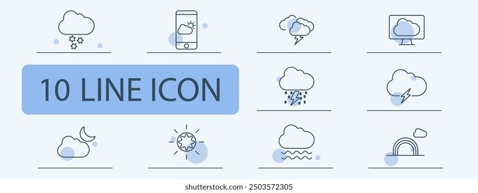 Cloud with snowflakes, smartphone showing weather app, lightning, weather on monitor, moon with cloud, sun icon, rain and lightning,