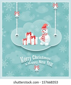 Cloud with snowman gifts bells Christmas and  New Year Post Card