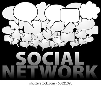 A cloud of SOCIAL NETWORK media speech and thought bubbles as symbol of communication