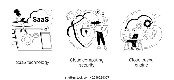 Cloud Software Abstract Concept Vector Illustration Set. SaaS Technology, Cloud Computing Security, Cloud Based Engine, Data Protection, Virtual Application, Storage Access Abstract Metaphor.