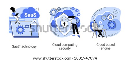 Cloud software abstract concept vector illustration set. SaaS technology, cloud computing security, cloud based engine, data protection, virtual application, storage access abstract metaphor.