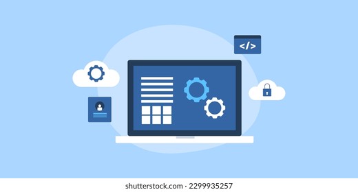 Cloud software development, Cloud computing architecture, Cloud server management - flat design vector illustration with icons