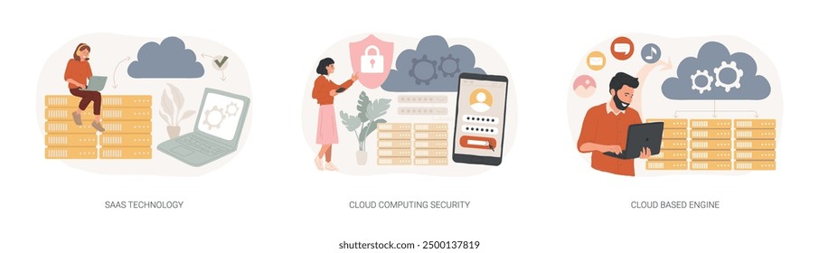 Cloud software isolated concept vector illustration set. SaaS technology, cloud computing security, cloud based engine, data protection, virtual application, storage access vector concept.