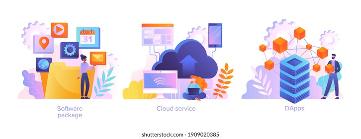 Cloud software service abstract concept. DApps technology, packaged software, decentralized application, cloud computing, subscription abstract metaphor. Set of flat cartoon vector illustrations