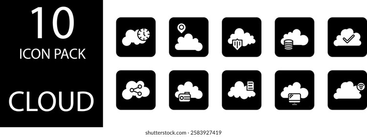 cloud solid Editable Icons set. A pack of editable solid cloud icons with a variety of unique designs, ensuring an attractive visual appearance.