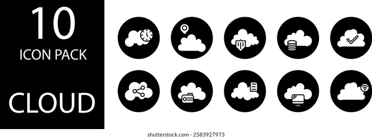 cloud solid Editable Icons set. Cloud-themed solid icons with neat details and a professional appearance, 