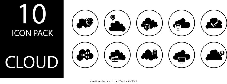 cloud solid Editable Icons set. Cloud-themed solid icons with a simple yet aesthetic appearance, perfect for creative and technological projects.