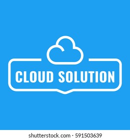 Cloud solution. Badge with cloud icon. Flat vector illustration on blue background.