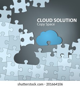 Cloud Solution. Cloud computing concept with blue cloud as the missing piece of the puzzle. Fully scalable vector illustration.
