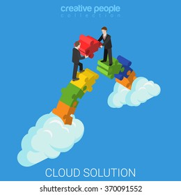 Cloud Solution Flat 3d Isometry Isometric Business Technology Concept Web Vector Illustration. Two Businessmen Building Bridge With Puzzle Pieces. Creative People Collection.