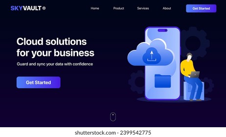 Cloud solutions landing page concept. Cloud solution for your business. Cloud storage illustration
