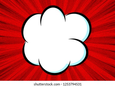 Cloud, speech bubble. Abstract comic red background for style pop art design. Retro burst template backdrop. Light rays effect. Vintage comic book style, halftone modern print texture, vector.