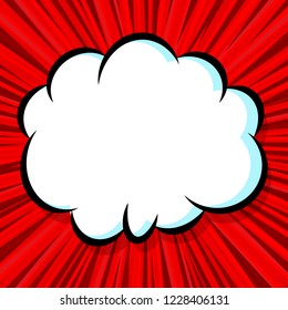 Cloud, speech bubble. Cartoon expression vector sticker on a red rays comic background.