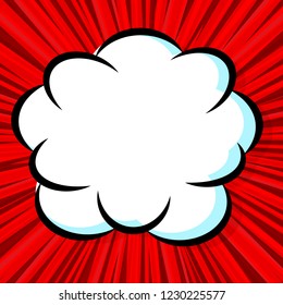 Cloud, speech bubble. Cartoon expression vector sticker on a red rays comic background.