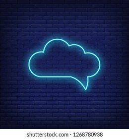 Cloud speech bubble neon sign. Glowing chat bubble on brick wall background. Vector illustration can be used for topics like internet, web, chatting, communication 