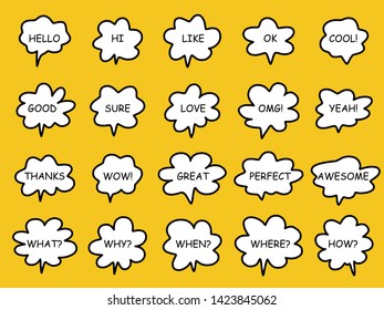 Cloud speech bubble set and texts on yellow background