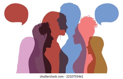 Cloud of speech bubbles. Cartoon character profile of a network. Diverse people of the community. Social networking information. People communicating in groups.
