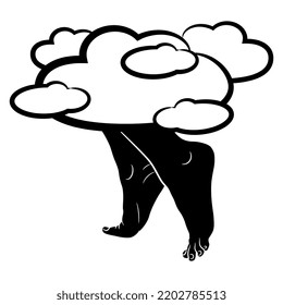 Cloud standing on bare tiptoed human feet. Creative funny environmental concept. Goddess Nephele. Black and white silhouette.