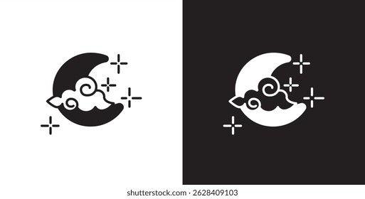 Cloud, star and crescent moon icon. Flat icon of moon, star and cloud with depicting cloudy sunny night weather. Cloud vector illustration icon in transparent and black background.
