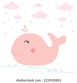 cloud star sea pink whaling girl pink tee illustration art vector 