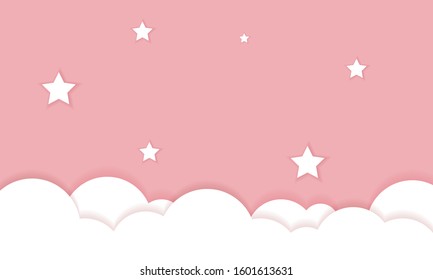 Cloud and star shapes background on pink sky in paper cut style. Abstract texture frame dreamy template. Vector illustration.