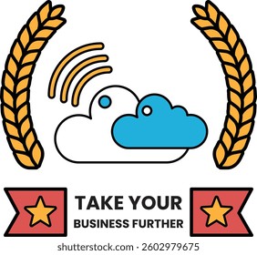 A cloud with a star and the words take your business further written below it. The image is orange and blue
