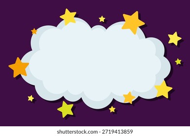 Nube y estrellas. Dibujo a color. Vista frontal. Vector simple ilustración gráfica plana. Objeto aislado sobre un fondo púrpura oscuro. Aislar.