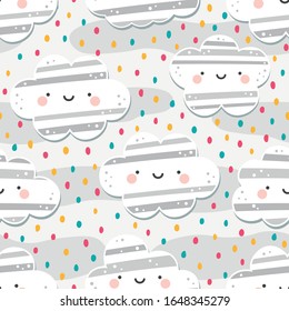 Cloud and Stars Cute Seamless Pattern, Cartoon Vector Illustrationa