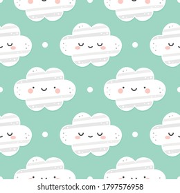 Cloud and Stars Cute Seamless Pattern, Cartoon Vector Illustration, Cartoon Background
