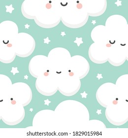 Cloud and Stars Cute Seamless Pattern, Cartoon Vector Illustration, Cartoon Background
