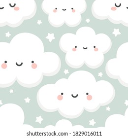 Cloud and Stars Cute Seamless Pattern, Cartoon Vector Illustration, Cartoon Background