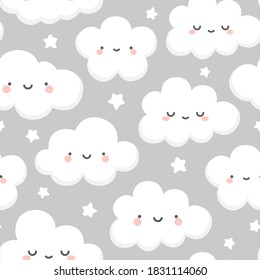 Cloud and Stars Cute Seamless Pattern, Cartoon Vector Illustration, Cartoon Background