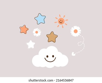 Cloud, stars, daisy flower and sun icons on grey background vector illustration.