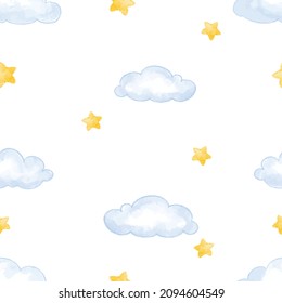 Cloud and stars in watercolor style seamless pattern. Children background design