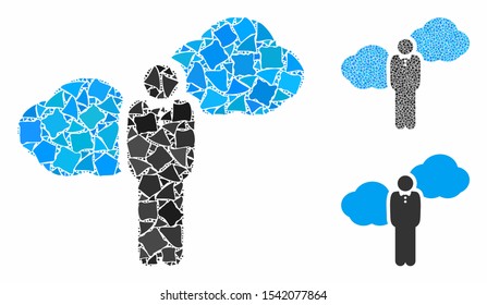 Cloud startupper person mosaic of rugged parts in various sizes and color tinges, based on cloud startupper person icon. Vector unequal pieces are organized into collage.