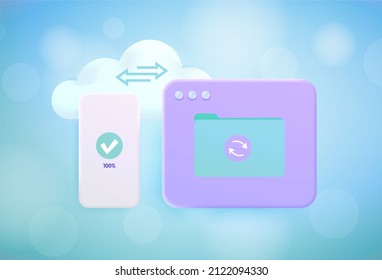 Cloud Storage 3d concept. Personal Data Backup app sync. Cloud computing Network Storage  Connected and synchronizing all devices, upload and download, decentralized storage secure information, files
