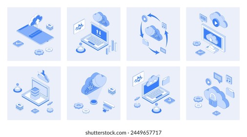 Conjunto de conceptos isométricos 3d de almacenamiento en la nube con diseño de iconos isométricos para el Web. Colección de carga y descarga de datos, sistema de copia de seguridad en línea, procesamiento del ciberespacio y computación. Ilustración vectorial