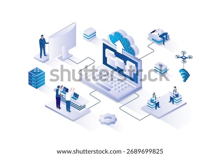 Cloud storage 3d isometric concept with isometry people design for web. Users uploading files and transferring data using cloud technology, working with online backup services. Vector illustration.