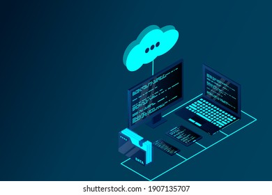 Cloud storage 3d isometric technology concept. Isometric cloud technology with cloud. Modern cloud technologies. Vector 3d isometric illustration network with computer, laptop, tablet, and smartphone.